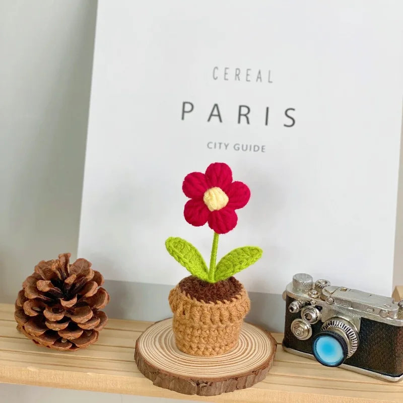 Handmade Knitted Flower Pot Red Heart Shaped Knit Imitation Potted Plant for Mother's Day Gifts Home Desktop Decor Oasis Select C