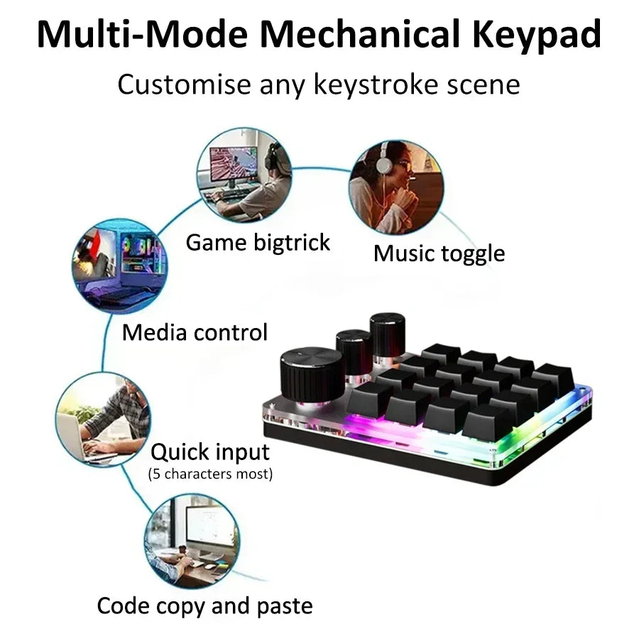 16 Keys 3 Mode Macro Mechanical Keyboard USB RGB Gaming Custom Programming Knob Portable Custom 6Keys 3Knob Switch For Photoshop Oasis Select