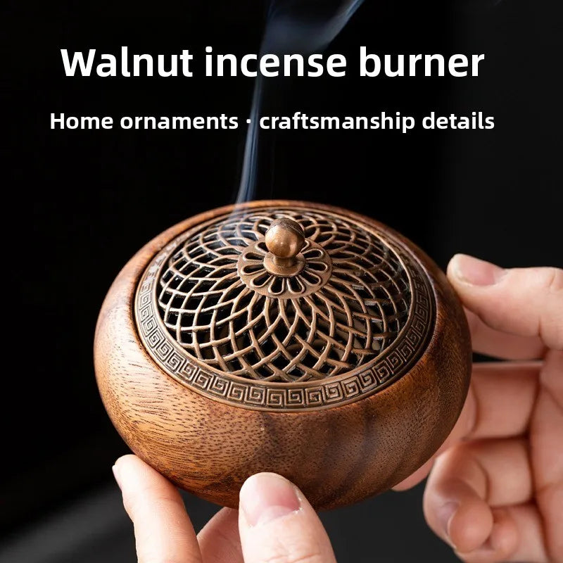 1pcs South American Walnut Retro Solid Wood Round Incense Burner, High-end Atmospheric Home Indoor Incense Burner Oasis Select