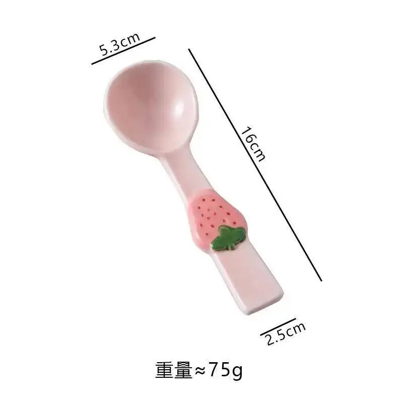 Strawberry Bowknot Spoon Creative Girly Ceramic Spoon High-Value Long Handle Dessert Spoon Kitchen Tablewear Oasis Select