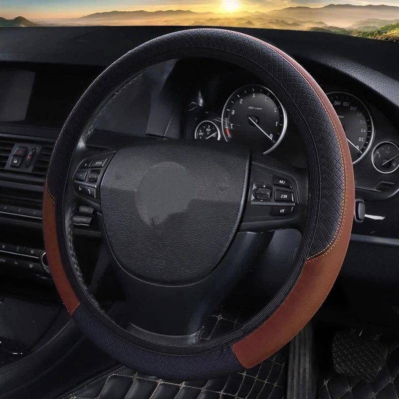 Universal Car Steering Wheel Cover For 37-38cm Steer Wheel Faux Leather Breathable Car Wheel Cover Interior Auto Accessories Oasis Select Coffee
