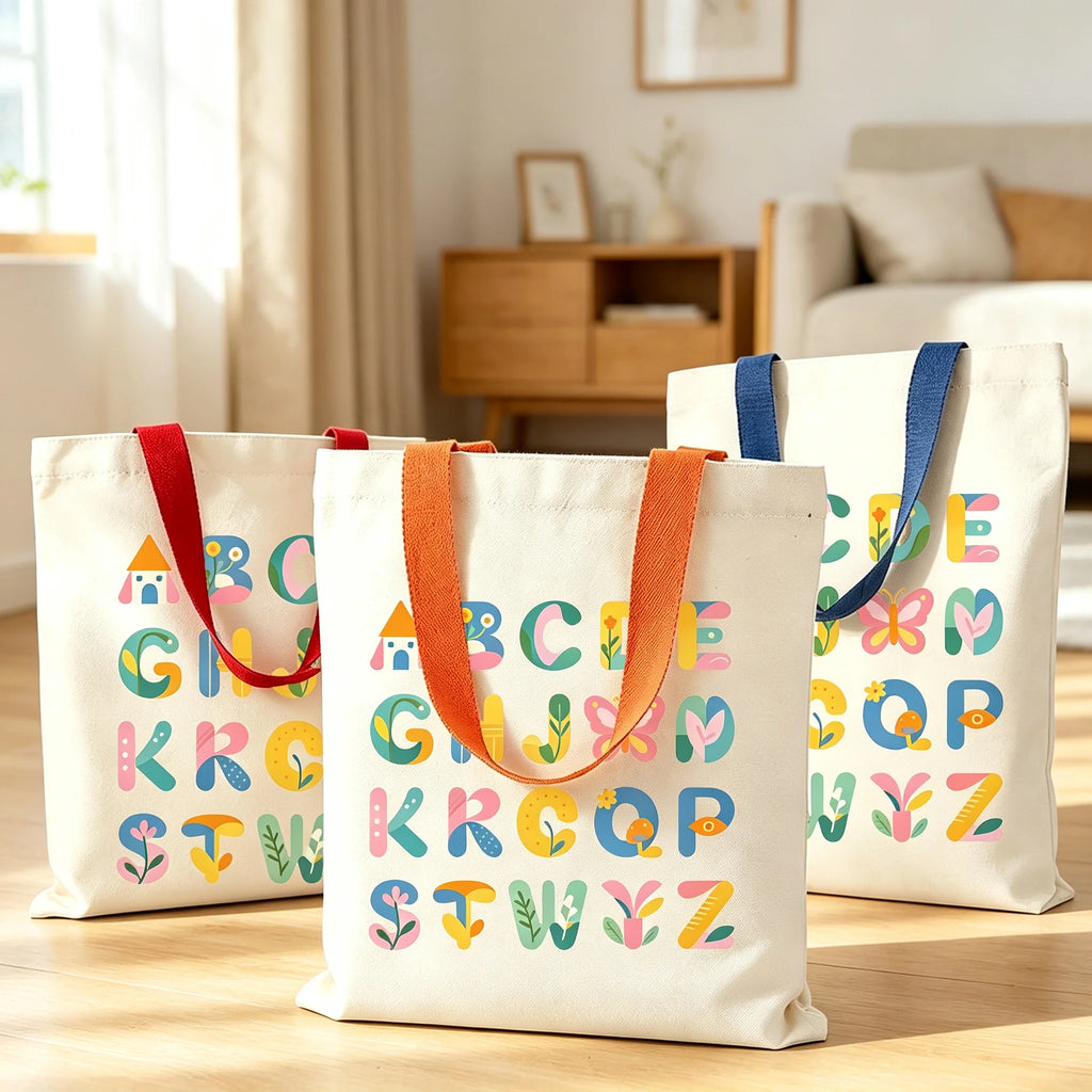 Colorful ABC Print Canvas Tote Bag Large Eco Reusable Shoulder Bag Student Teacher School Shopping Bag Oasis Select