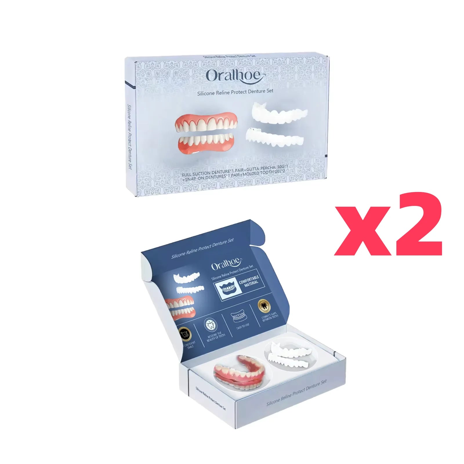 Adjustable False Teeth Kit Temporary Whiten Denture Upper Lower Veneers Comfortable Braces Natural Portable Silicone Fake Teeth Oasis Select 2 SET