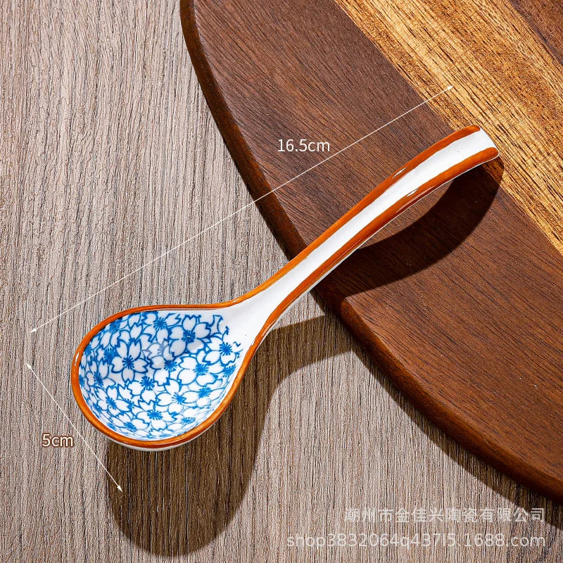 Japanese Underglaze Ceramic Soup Spoon, Everyday Ceramic Soup Spoon Ramen Long-handled Curved Spoon Tableware Oasis Select Bustling