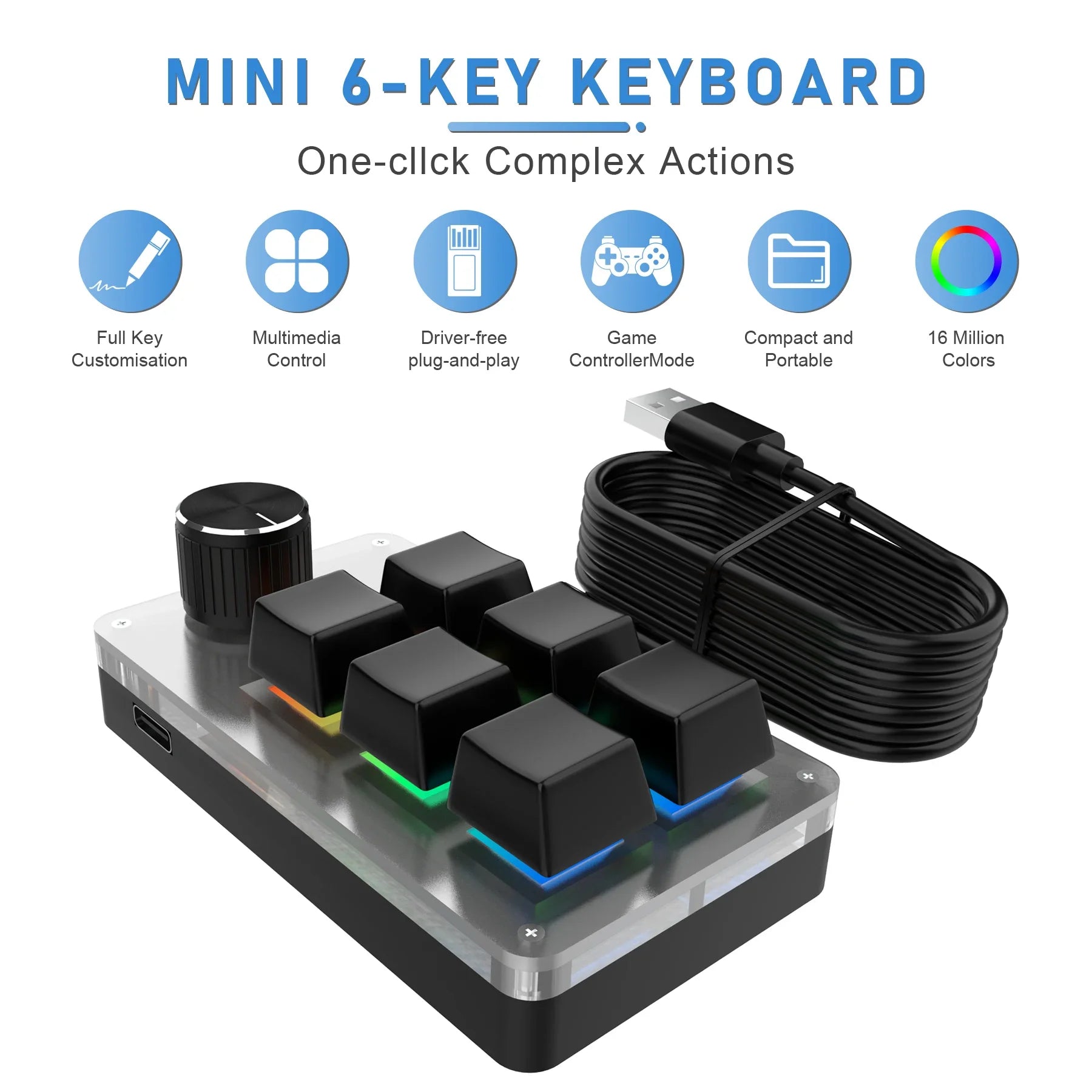 6 Keys 1 Knob RGB Programming Macro Gaming Knob Keypads Mini Custom Programming Keyboard USB Mechanical Keyboard for Photoshop Oasis Select