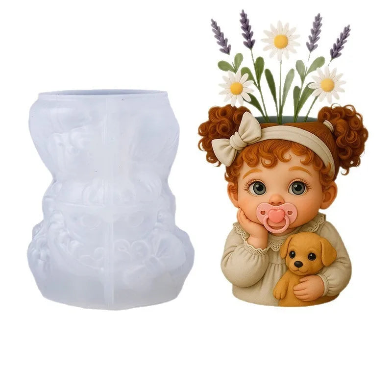 3D Cute Baby With Dog Silicone Mold DIY Resin Vase Gypsum Pot Candle Holder Storage Container Home Decor Craft Making Mould Oasis Select