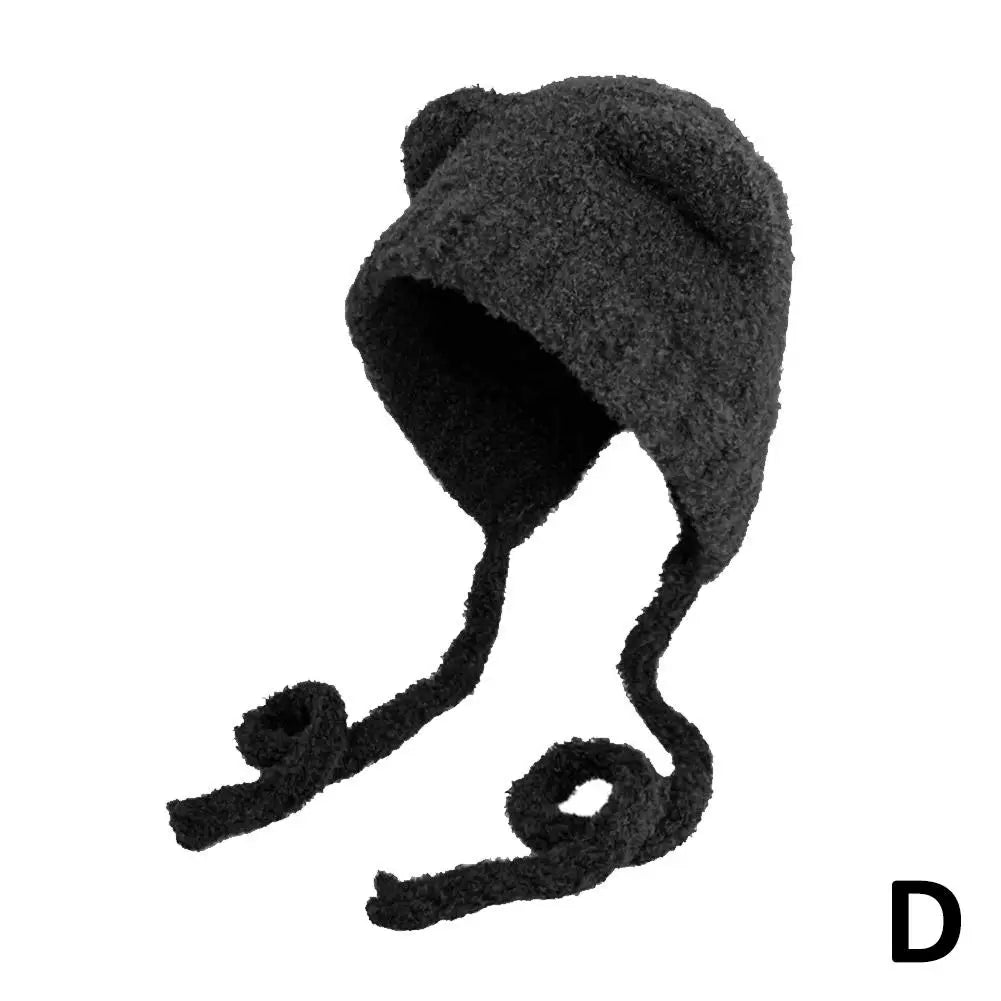 NEW Winter Plush Beanies Cute Bear Ear Wool Hat for Women Girls Cute Ear Muffs Windproof Knitted Cap For Cold Weather Oasis Select Black One size