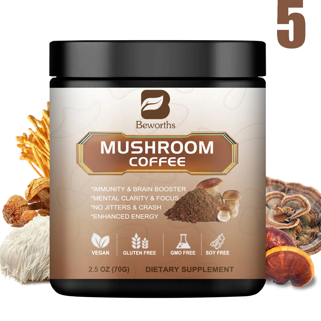 BWEORTHS 70G Mushroom Coffee Mixed Reishi & Lion's Mane Mushrooms Support Immunity and Focus Health Boost Memory 70g NO-GMO Oasis Select 5bottles United States