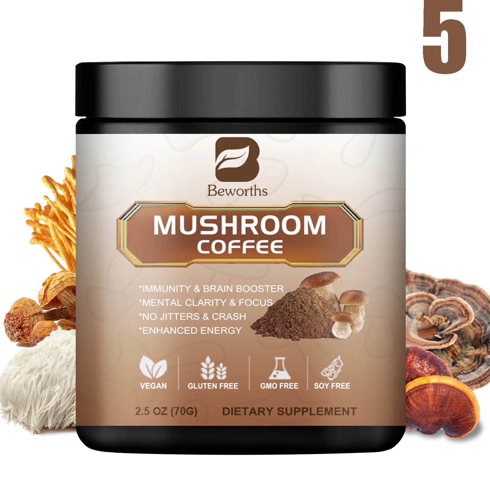 BWEORTHS 70G Mushroom Coffee Mixed Reishi & Lion's Mane Mushrooms Support Immunity and Focus Health Boost Memory 70g NO-GMO Oasis Select 5bottles United States