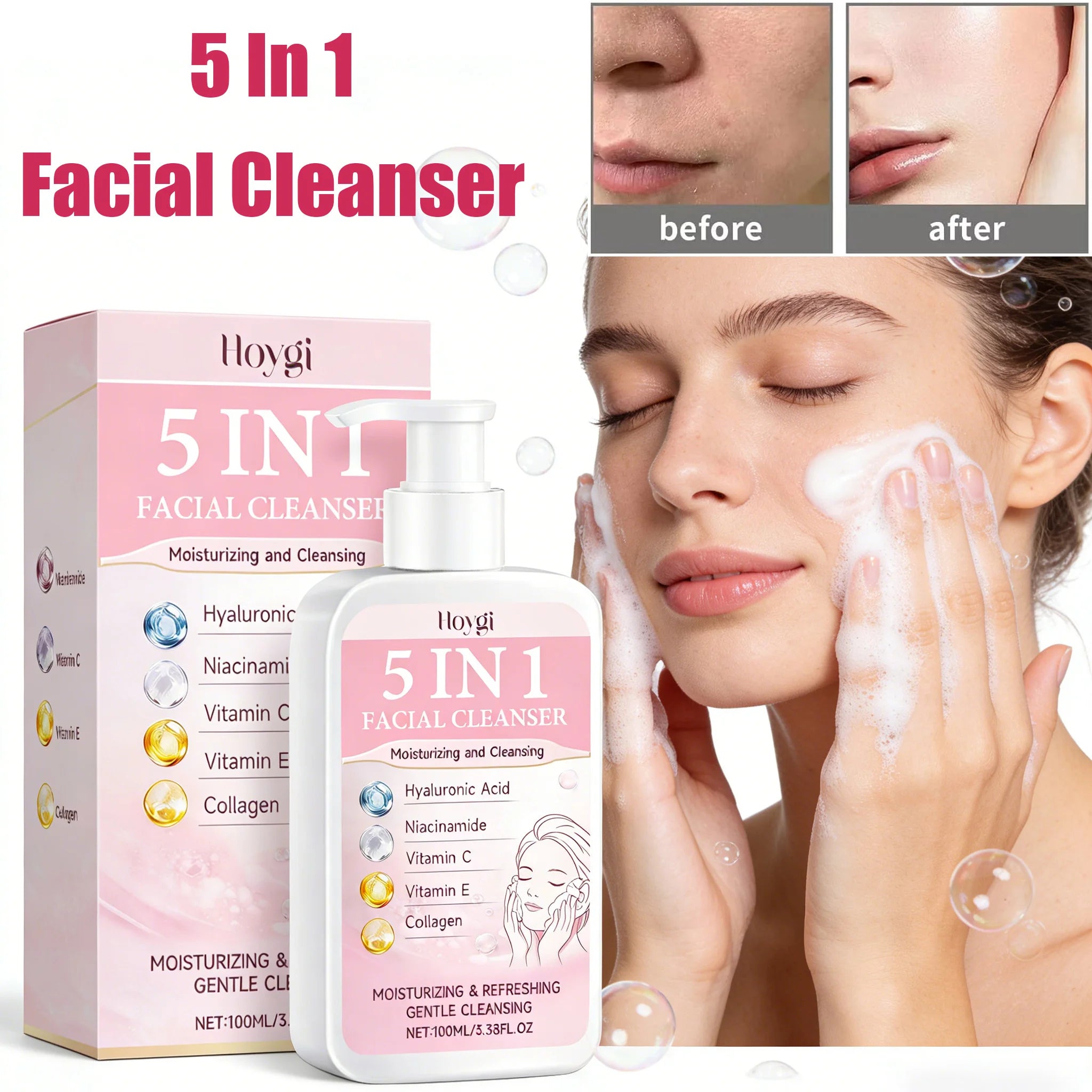 5 in 1 Moisturizing Facial Cleanser Refreshed Cleansing Makeup Remover Brightening Hydrating Light Texture Rich Foam Cleanser Oasis Select