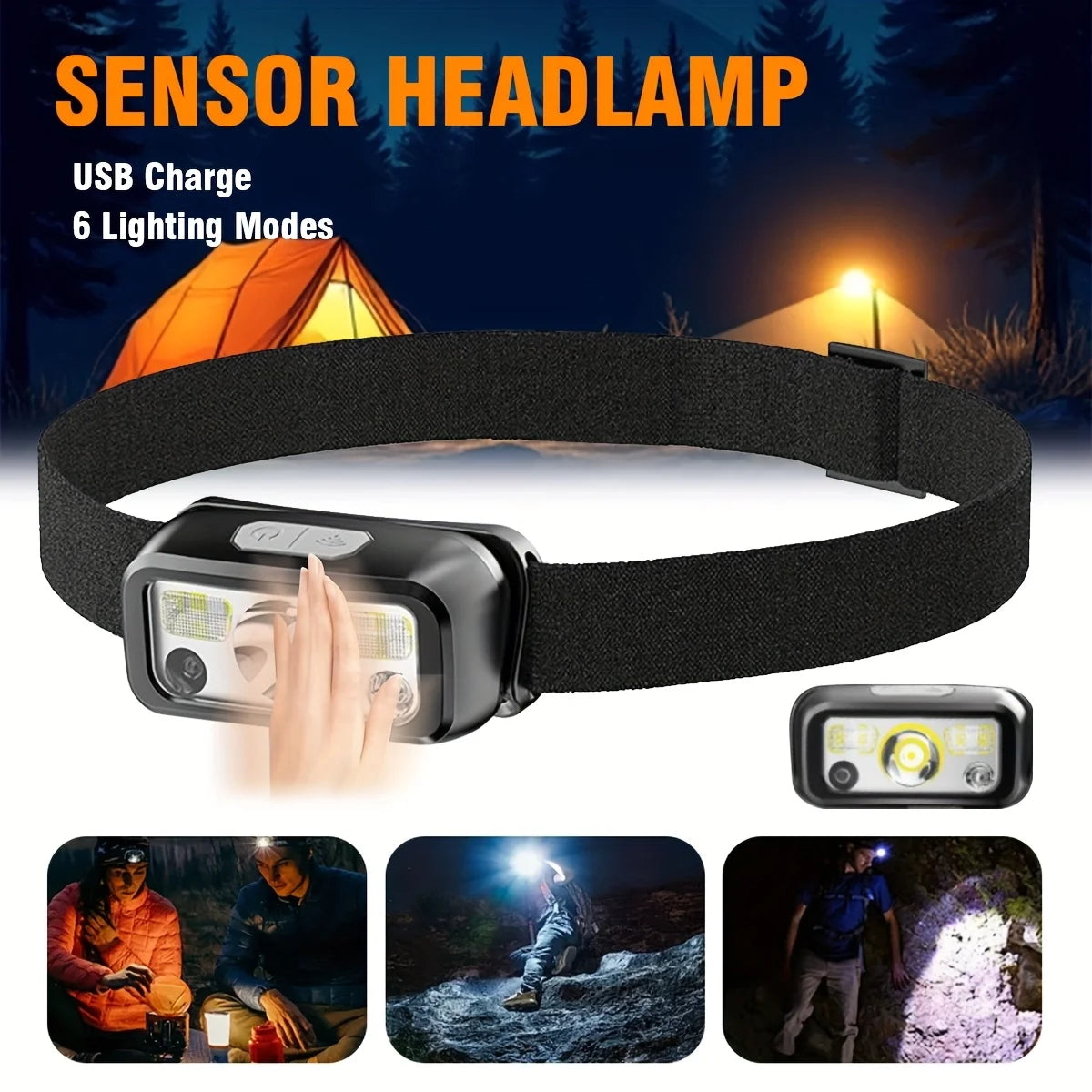 Powerful COB LED Sensor Headlamp USB Rechargeable Headlight with Built-in Battery 6 Modes Waterproof Outdoor Fishing Head Lamp Oasis Select