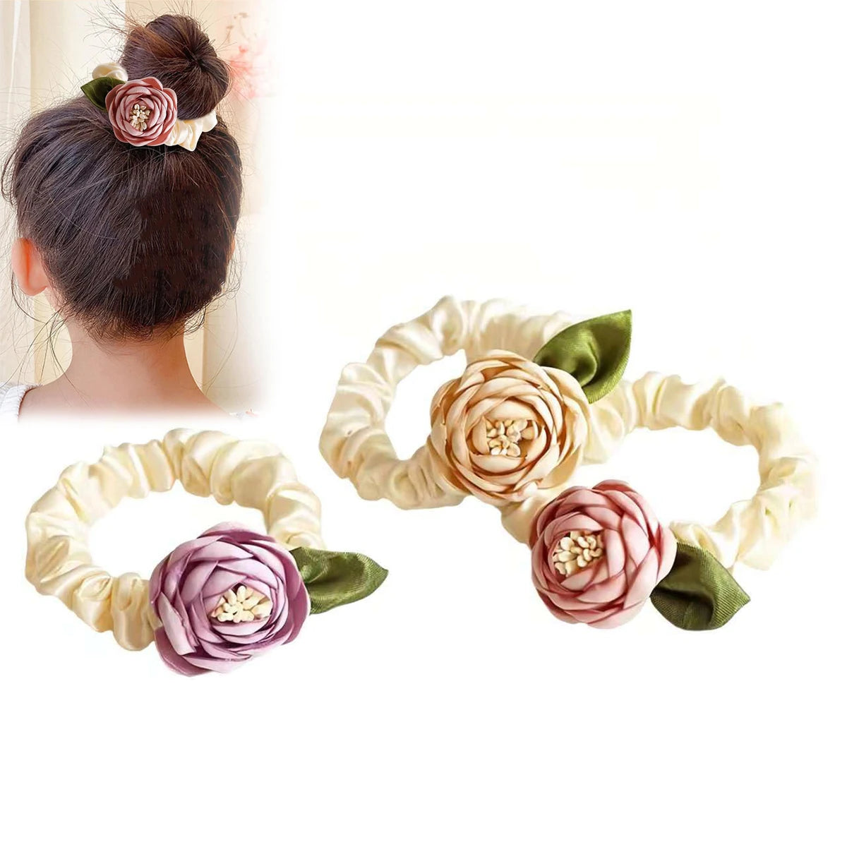 2/3 PCS Flower Hair Scrunchies for Women – Elegant Ponytail Holders for Thick, Curly, Thin & Fine Hair, No-Slip Donut Hair Ties Oasis Select