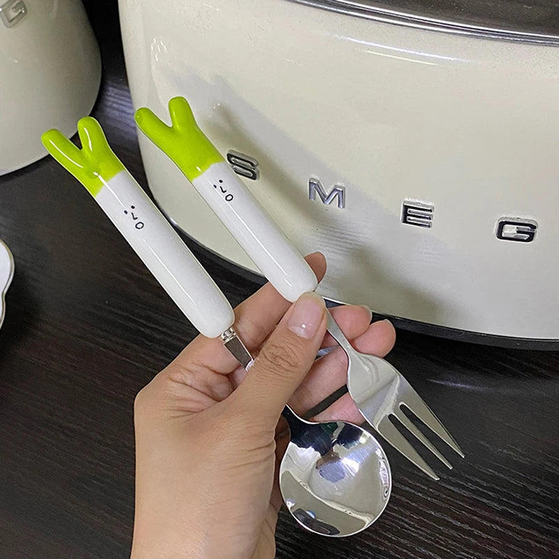 1Pcs Cute Cartoon Green Onion Stainless Steel Ceramic Tableware Creative Family Spoon and Fork Birthday Gifts for Boys Girls Oasis Select