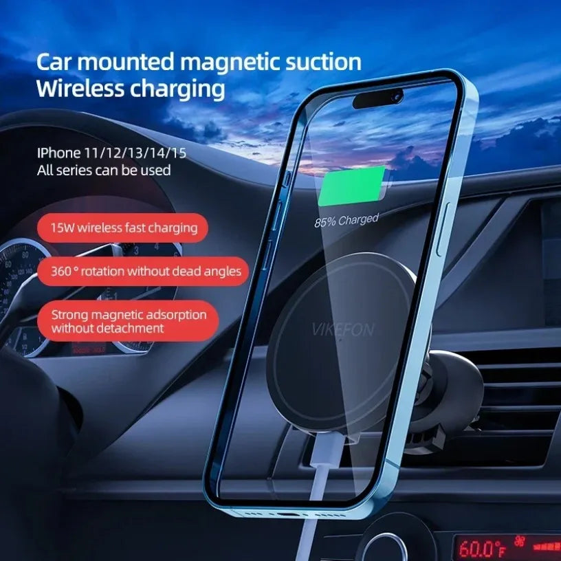 15W Magnetic Wireless Charger Car Vent Phone Holder 360° Rotation Strong Magnet Mount for iPhone 12-16 with Magnetic Ring Oasis Select