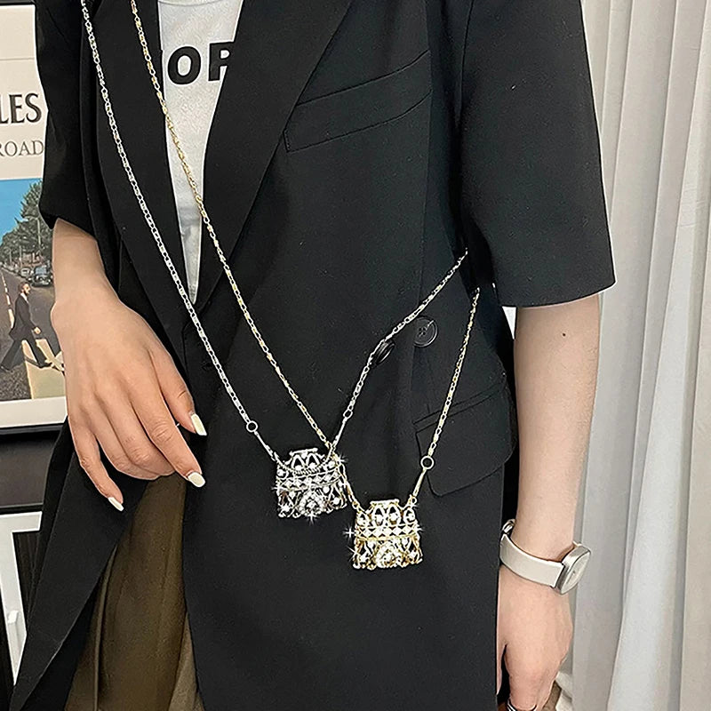 Gold Silver Rhinestone Mini Bag Women's Single Shoulder Crossbody Chain Bag Handbag Body Decoration Metal Hollow Shell Bag Oasis Select