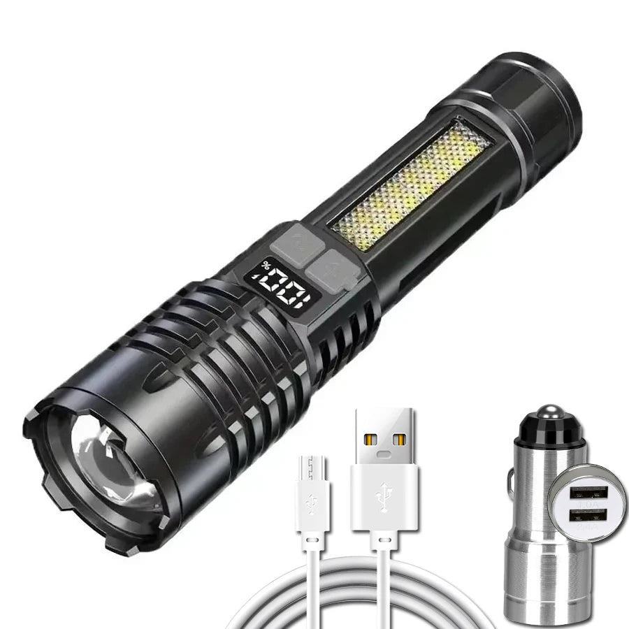 High Power LED Flashlights with Display Screen Portable Rechargeable Zoom Tactical Torch Lamp with Emergency Side Lights Lantern Oasis Select with Car charger ZOOM