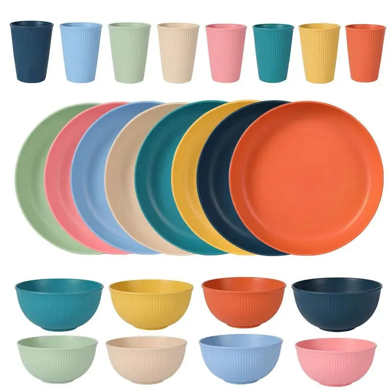 4pcs Wheat Straw Dinnerware Set Eco-friendly Safety Plates Cups Bowels Home Party Tableware Set Outdoor Camp Candy Colour Gift Oasis Select