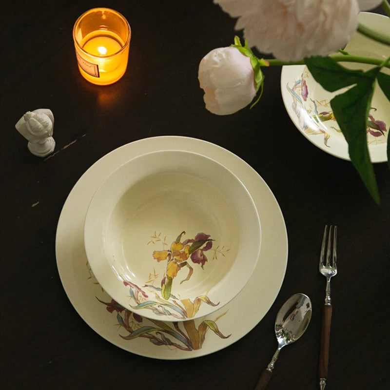 Ceramic Dinner Plate Set French Iris Dessert Bowl Dishes Soup Plate Breakfast Flat Plate Home Kitchen Gourmet Container Oasis Select