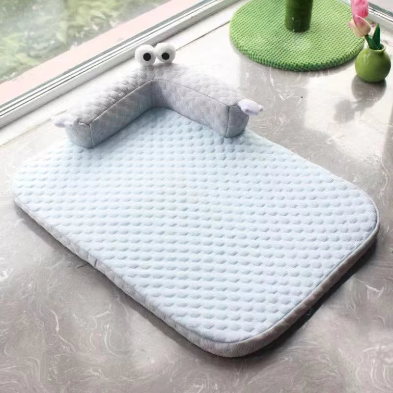 Cartoon Pet Cooling Mat Cat Supplies Breathable Bubble Dot Cute Dog Bed with Pillow Washable Summer Pets Pad for Small Dogs Cats Oasis Select Blue - Big-eyed mons XL 80x60cm
