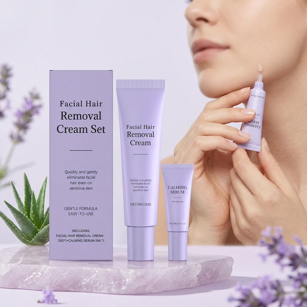 Facial Hair Removal Cream & Calming Serum Kit – Painless Hair Removal Kit Oasis Select