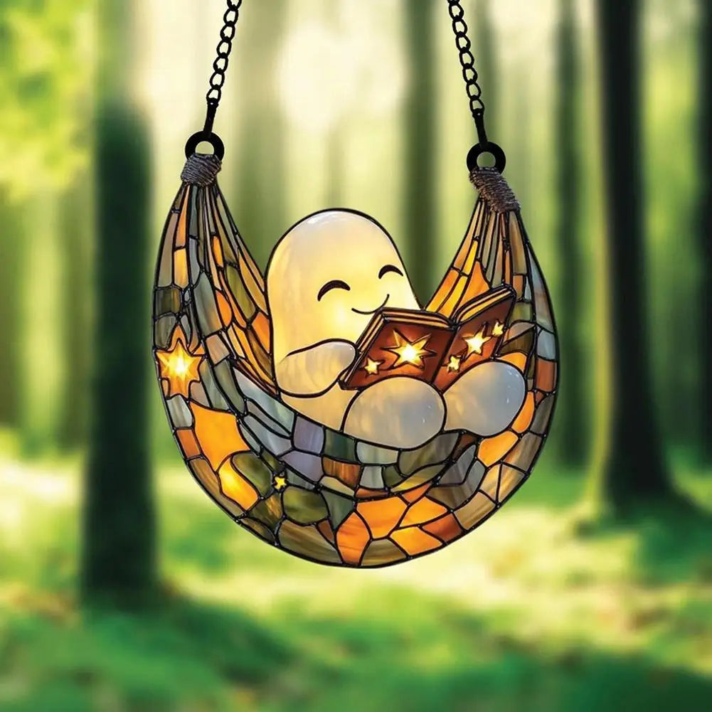Ghost Reading Book Suncatcher – Acrylic Window Ornament