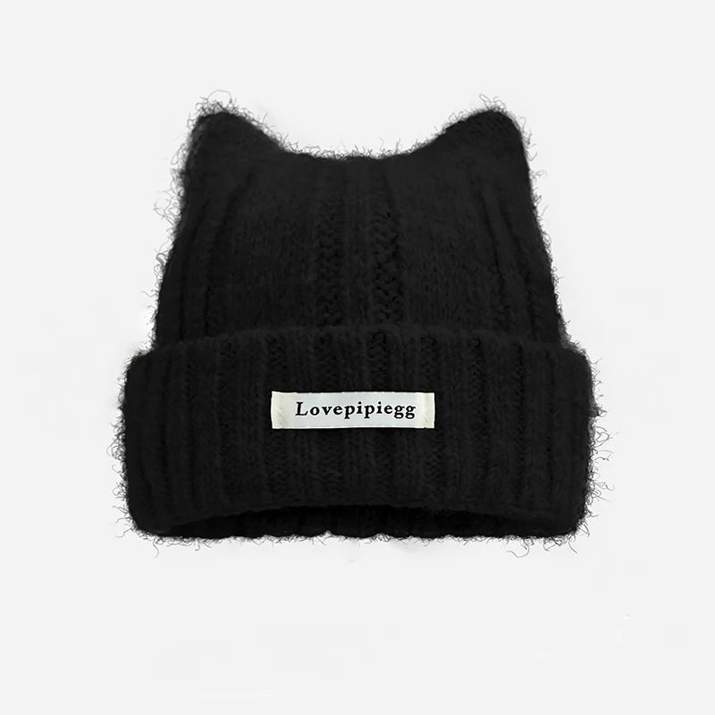 Cat Ear Knitted Beanie – Korean Style Winter Hat for Women