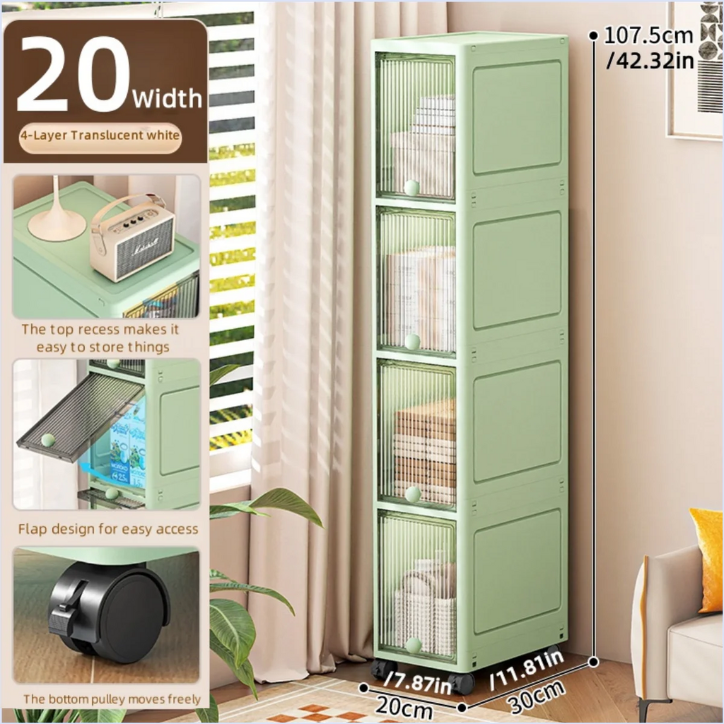 Slim Seam Cabinet Space-Saving Bookcase with Door Stackable Multi-Layer Rack Portable Movable Living Room Display Shelf Oasis Select White-4 layer