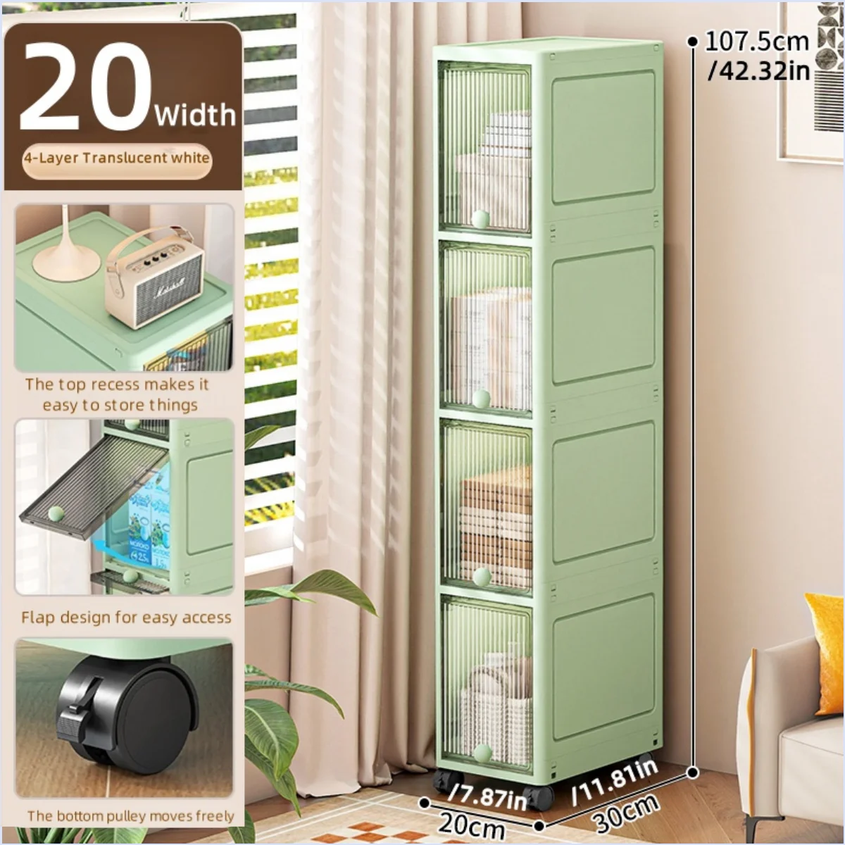 Slim Seam Cabinet Space-Saving Bookcase with Door Stackable Multi-Layer Rack Portable Movable Living Room Display Shelf Oasis Select White-4 layer