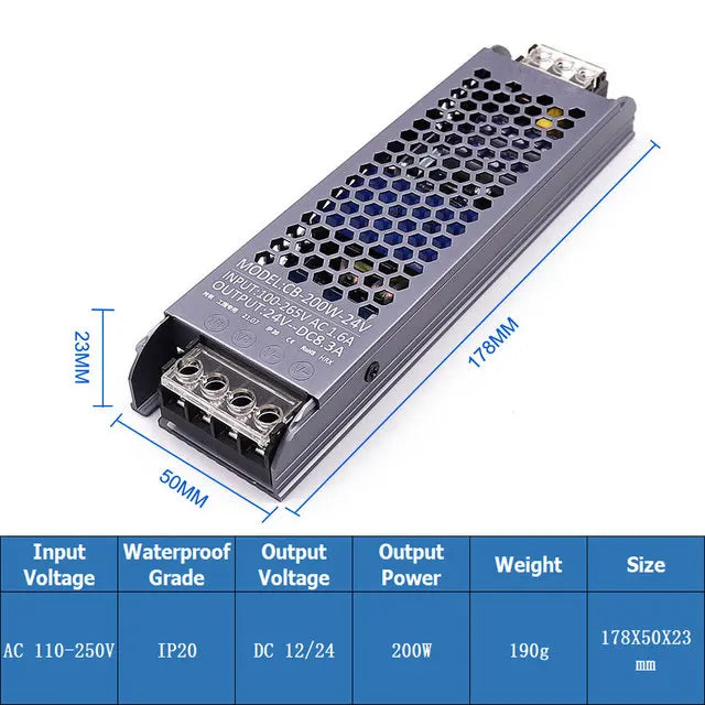 Ultra Thin LED Power Supply DC 12V 24V TO AC 110V 220V Lighting Transformers 60W 100W 200W 300W 400W 500W Driver For LED Strips Oasis Select 200W 24V