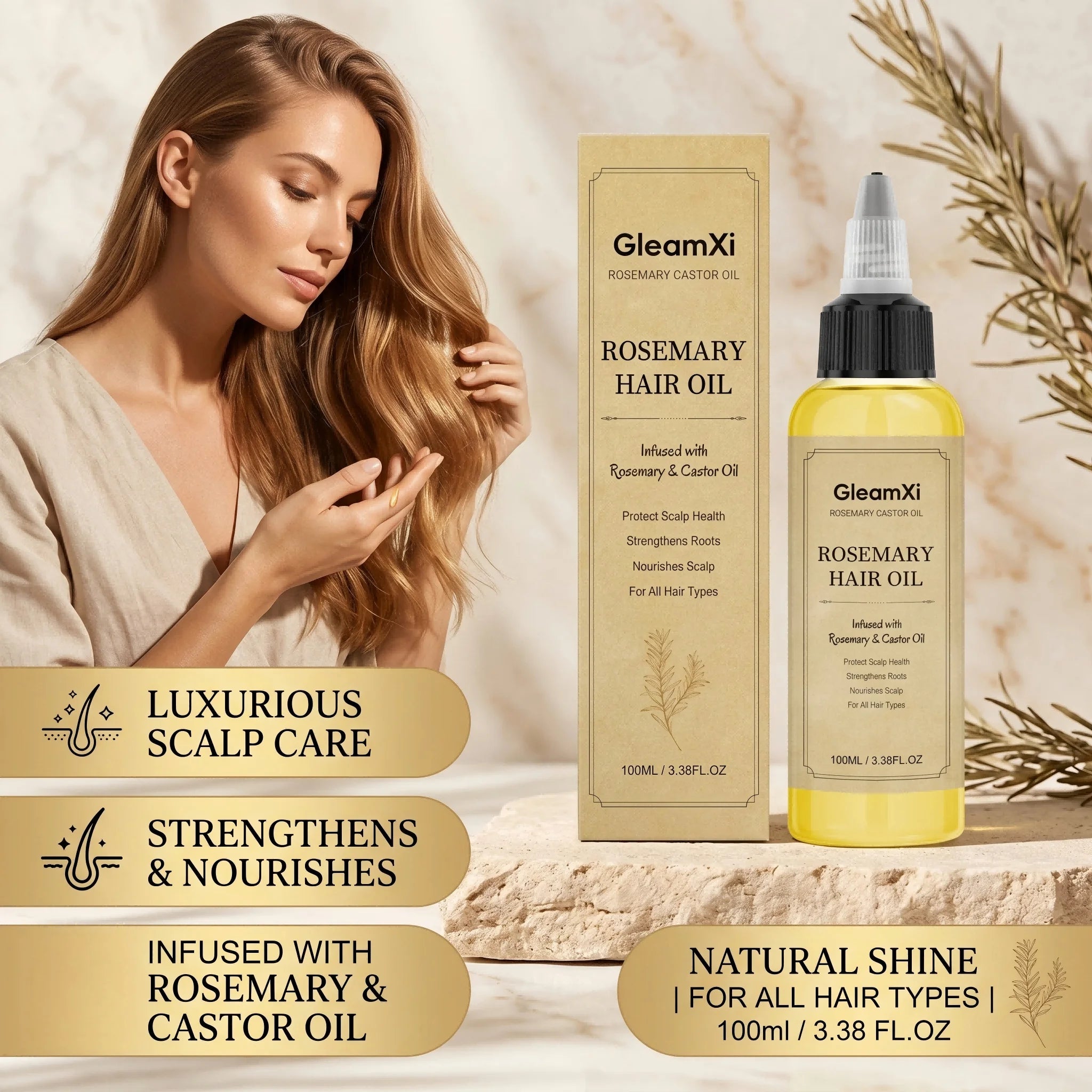 Rosemary Castor Hair Oil Strengthens Roots and Nourish Scalp Anti Hair Loss Reduce Breakage Voluminous Soft Hair Care Oasis Select
