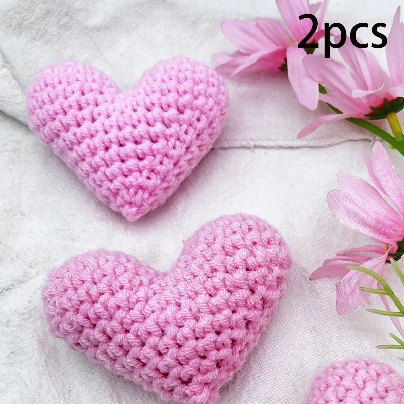 1/2PCS Crochet Heart Hooked Yarn Heart Filled Cotton Peach Knitting Heart Clothing Accessories Red Pink Colored Love Heart Oasis Select pink 2pcs