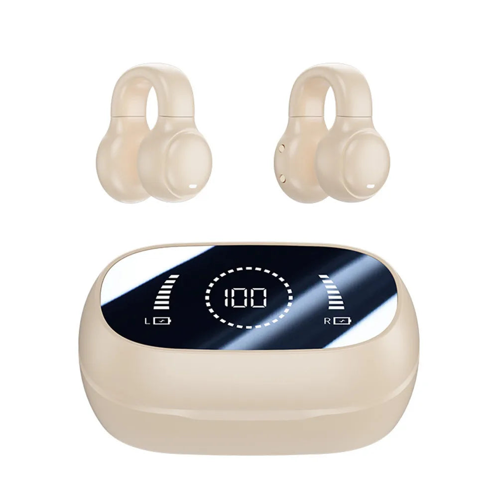 Ear-Clip Wireless Headphones Bluetooth Headset With Mic Handsfree Noise Canceling Earphones Clip Ear Music Sports Gaming Earplug Oasis Select Beige