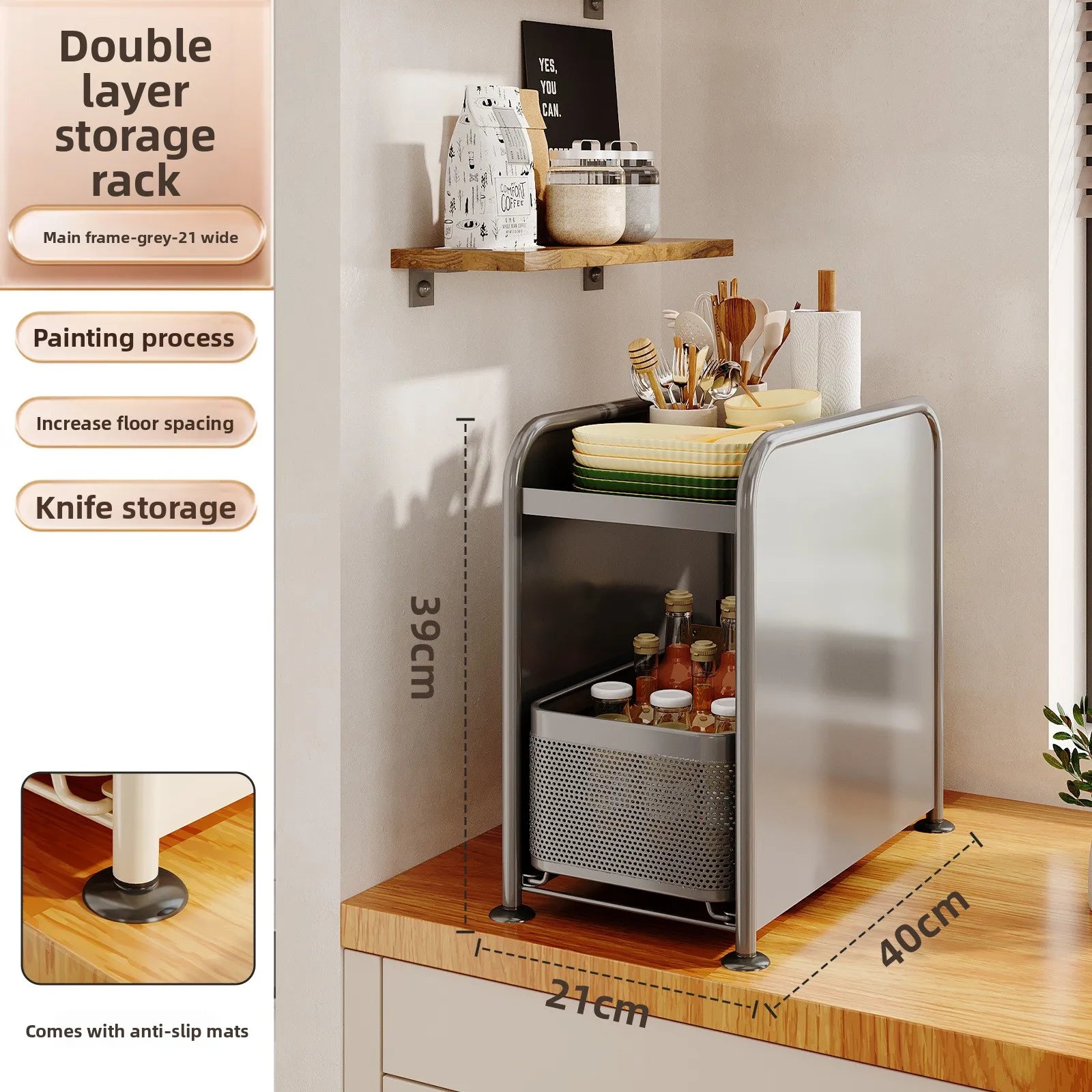 Kitchen seasoning rack Narrow slot seasoning tank Storage rack Side magnetic hanger Pull-out countertop storage cabinet Oasis Select Grey 2 large