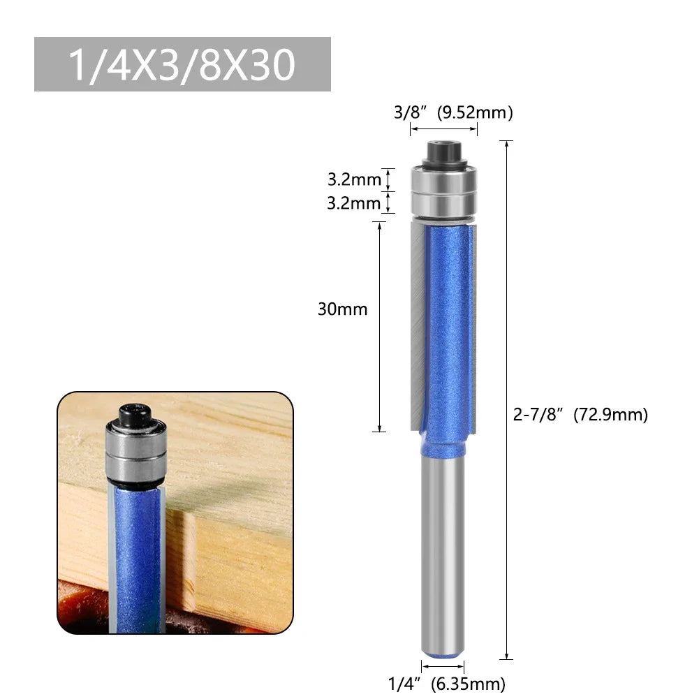 Sparkling Silver-Blue Double Bearing Flush Trim Router Bit 1/4" Shank Dual Cutting Blades for Woodwork Tool Electric Accessories Oasis Select 1PC-03