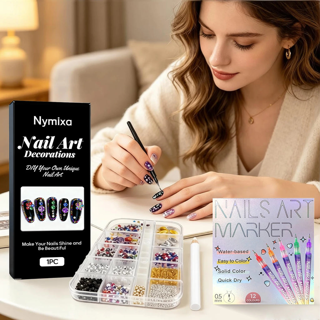 Nymixa 12-Grid Rhinestone & 12-Color DIY Nail Art Pen Set Nail Art Kit Oasis Select