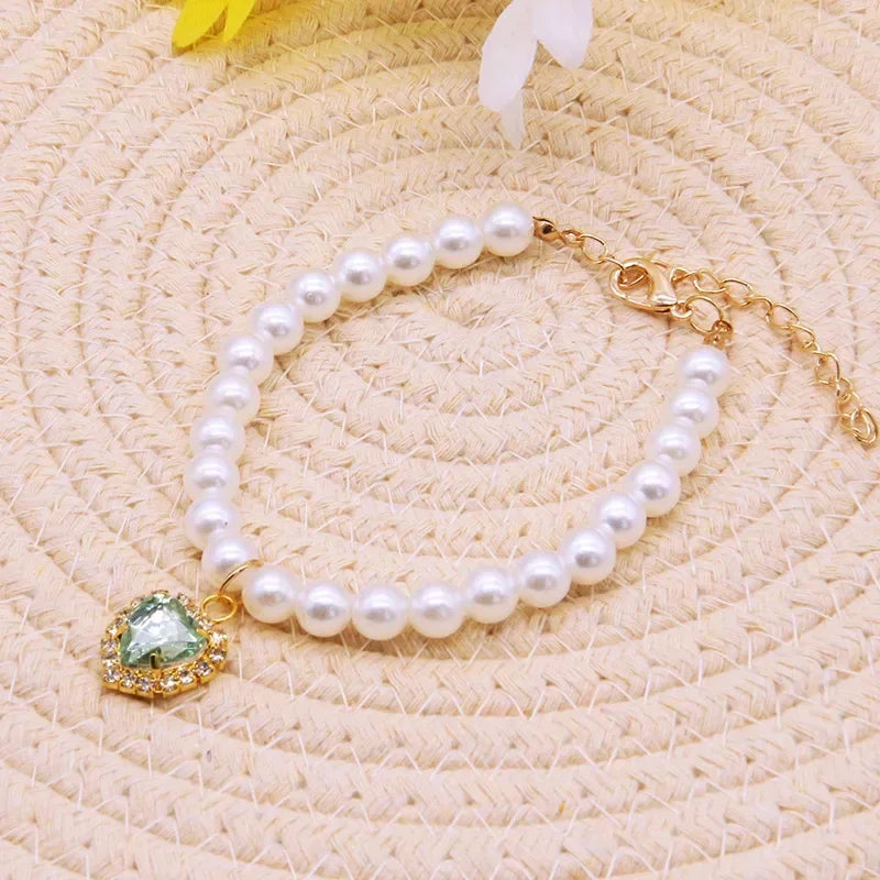 Cute Fashion Pet Supplies Cat Accessories Necklace Pearl Crystal Pet Collar Pearl Beaded Solid Crystal Pendant Pet Products Oasis Select green 25-35cm