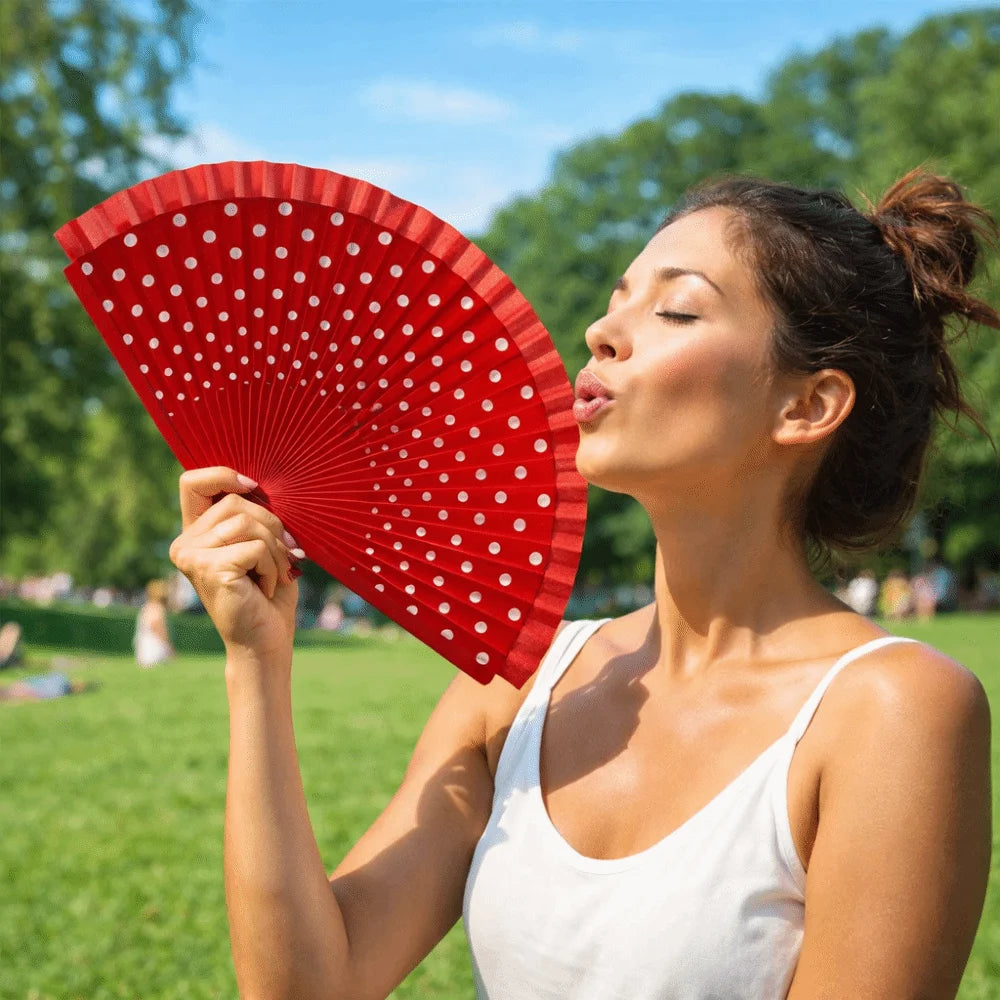 Flamenco Spanish Folding Fan – Dots Pattern Wood Handle 42cm