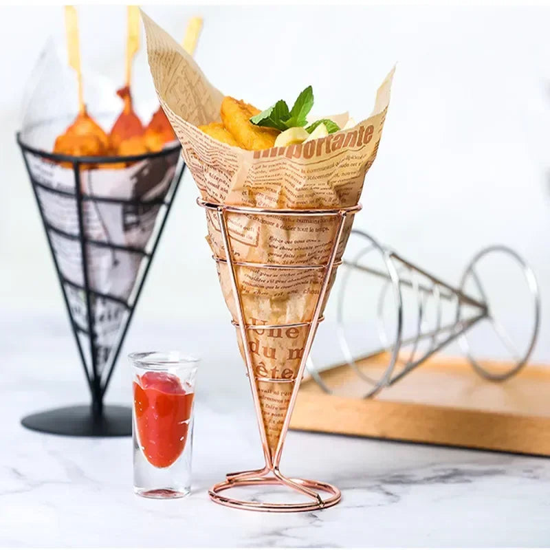 Fries Stand Fried Chicken Display Rack Stainless Appetizers Stand Cone Baskets Sauce Salad Dipping Cup Kitchen Party Tool Oasis Select