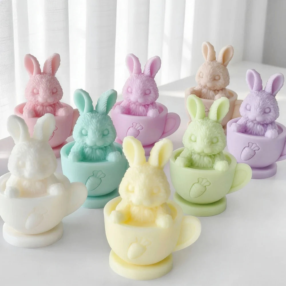 3D Tea Cup Rabbit Candle Silicone Mold DIY Bunny Plaster Mould Soap Resin Crafts Mold Ornament Easter Decoration Home Gift Oasis Select