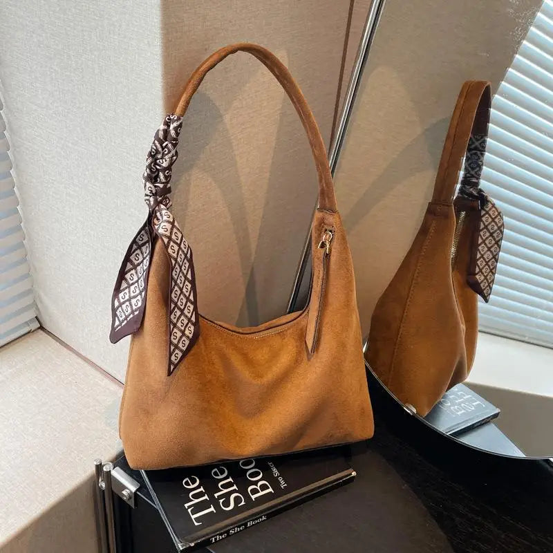 Retro PU Leather Hobo Shoulder Bag with Silk Scarf | Women