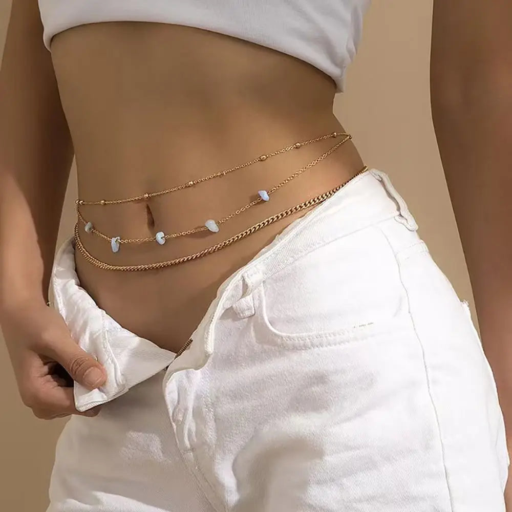 1Pcs Boho Metal Alloy Rhinestone Waist Chain Multilayer Waistband Crystal Belly Body Chain Gold Belt Chain Summer Beach Oasis Select