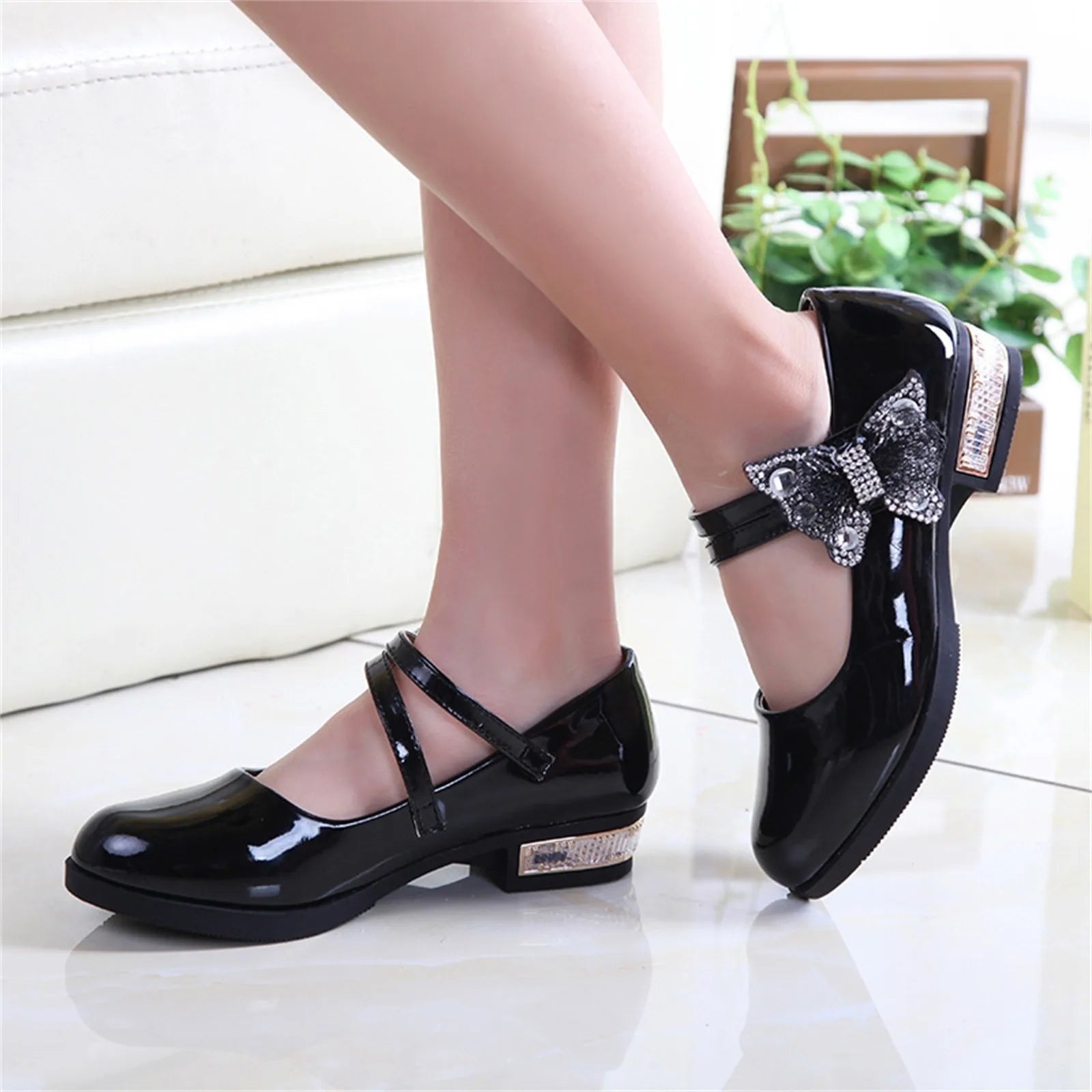 Girls Leather Shoes for Party Wedding Kids Performance Shoes with Butterfly-knot Fashion Children High Heels Rhinestone Shoes Oasis Select 30 Black