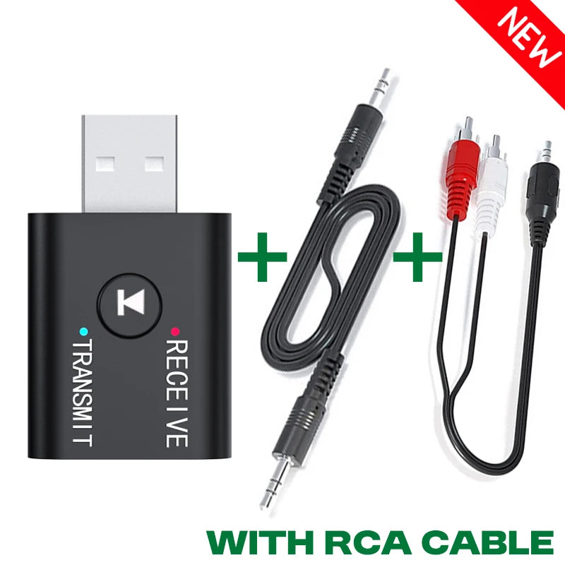 2 In 1 Bluetooth 5.0 Audio Receiver Transmitter 3.5mm AUX USB Stereo Music Wireless Adapter With Mic For Car Kit Speaker TV PC Oasis Select (New) With RCA Cable