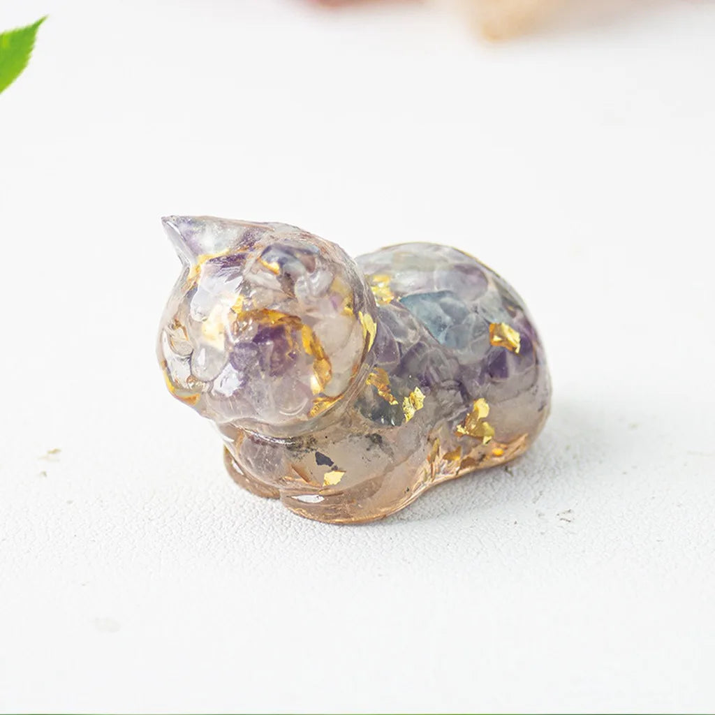 Crystal Chip Epoxy Lying Cat Figurine | Desk Decor & Gift