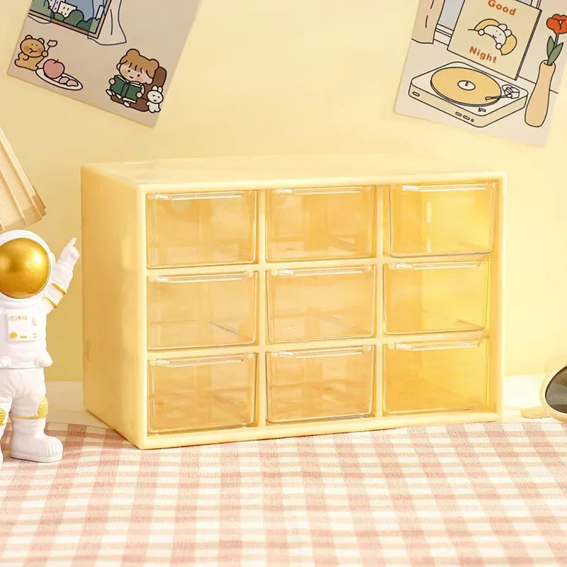Desktop 9 Grid Storage Boxes Organizer Transparent Small Drawer Partitioned Student Desk Wall-mounted Sundries Storage Box Cute Oasis Select yellow