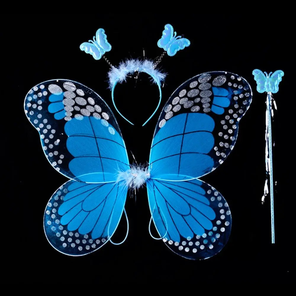 Simulation Butterfly Wings Pointed Tutu Skirt Headband Wand Adult Kids 3/4Pcs Fairy Costume Set Princess Girls Party Gift Oasis Select Blue-3 pcs-set