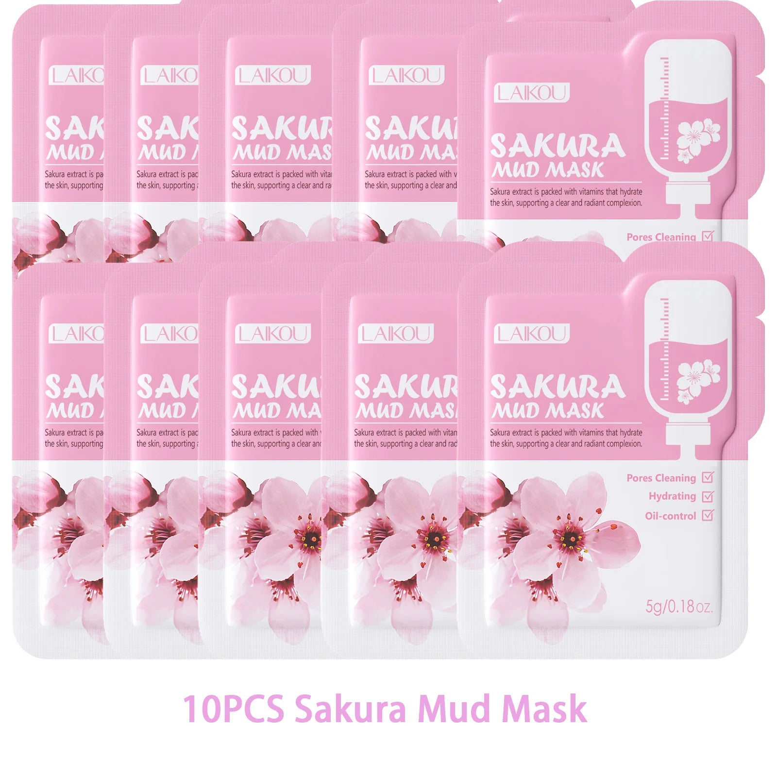 LAIKOU Japan Sakura Clay Mud Mask Hydrating Gentle Cleansing Refreshing Oil Balancing Daily Facial Skin Care Mask 5g Oasis Select 10PCS
