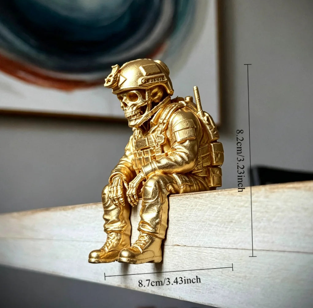 Sitting Tactical Skull Soldier Cool Ornament Home Office Military Skull Soldier Figurine Whimsical Seated Warrior Ornament Decor Oasis Select Soldier gold