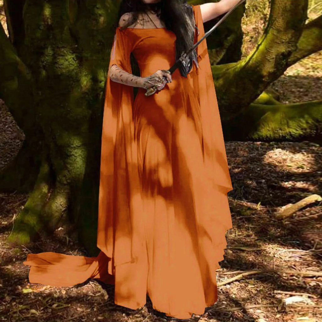 Women Halloween Dress Retro Cosplay Vintage Party Club Elegante Solid Off Shoulder Dress Maxi Funny Halloween Elf Dress Oasis Select Orange L