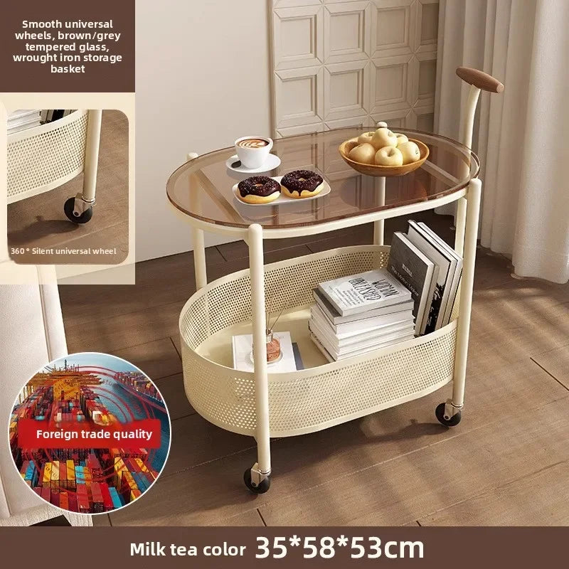 Multi-functional French light luxury movable glass trolley side table living room sofa small coffee table bedroom bedside table Oasis Select SJ White-T-CHA